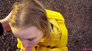 Teen nasty slut rubs dick for a facial and gets it in her throat during outdoor blowjob