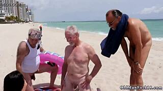 Successfully contributing to the conservative point of view, petite teen gives an old man blowjob in group sex video