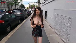 Czech teen flashes her pussy, naked in public