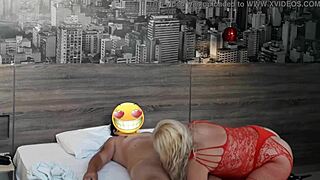 Blonde neighbor makes her way into the neighbors bedroom and fucks his hot brunette neighbor