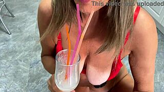 The solo video shows mature milf swallowing huge load of cum