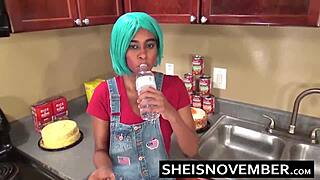 black reality pornstar sheisnovember kneels for closeup blowjob on bigbrother's huge cock after intense kitchen fucking by msnovember