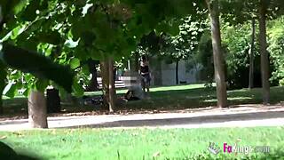 Brunette babe seduces and blows random guys in public park