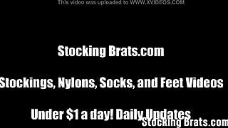 three women play in stockings with feet and licking