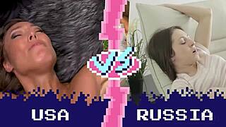 I love watching this USA vs Russia big ass battle unfold, with curvy milfs riding and showing off their boobs.