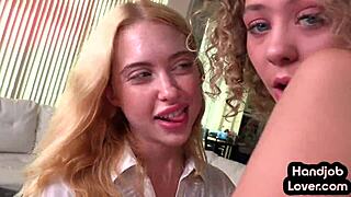 Tiny teen masters dirty talk in POV handjob with BFF in threesome