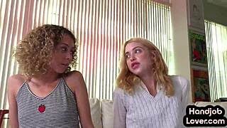Tiny teen masters dirty talk in POV handjob with BFF in threesome