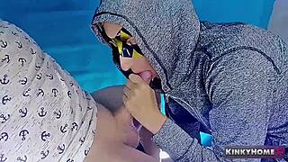 Beautiful European lady removes her clothes and performs facial climax and chokes on it
