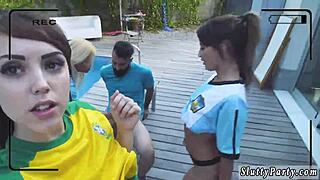 hey, watch chubby blonde swallow in outdoor group fun!