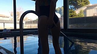 This slutty amateur fingers her pussy doggystyle bent over near the window.