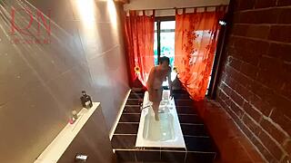 Peep voyeur housewife washes in the shower with soap shaves her pussy in the bath 2 1