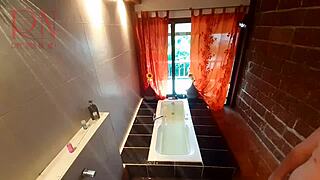 Peep voyeur housewife washes in the shower with soap shaves her pussy in the bath 2 1