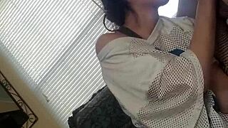 Petite brunette wife bent over in homemade scene with monster cock