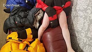 North Face Baltoro Leather Sofa Adventure with Four Down Jackets