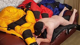 North Face Baltoro Leather Sofa Adventure with Four Down Jackets