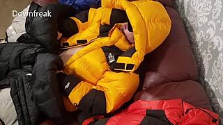 North Face Baltoro Leather Sofa Adventure with Four Down Jackets