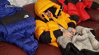 North Face Baltoro Leather Sofa Adventure with Four Down Jackets