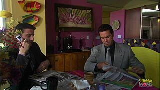 dark haired milf mounts pussy on hard cock in doggystyle