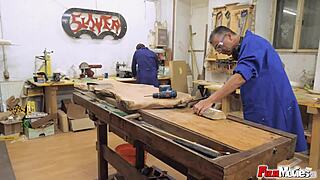 Eu brunette slag handles two hard dicks in a wild group session. Her fake tits bounce with every thrust.