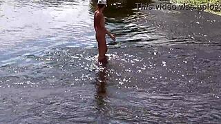 Russian Mature Woman Enjoys Nude Bathing Outdoors