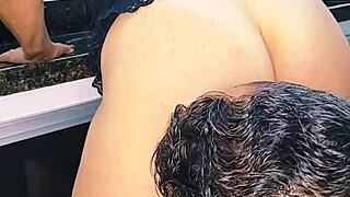 Blonde milf wife enjoys oral and pussy fucking on the sink, then creampie.