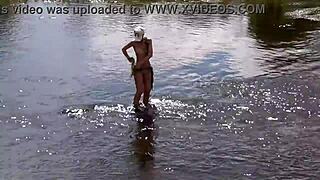 Russian Mature Woman Enjoys Nude Bathing Outdoors