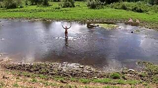 Russian Mature Woman Enjoys Nude Bathing Outdoors