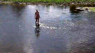 Russian Mature Woman Enjoys Nude Bathing Outdoors