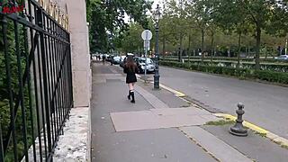 Hey Melody, why flash your pussy and boobs on Budapest streets in that sexy uniform?