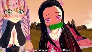 This hentai 3some will show you how to cum on Nezuko’s pink hair