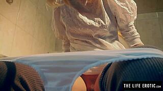 skinny girl relaxes after using the toilet and feels a bit excited