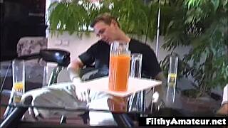 Beautiful young brunette takes two cocks in wild orgy!