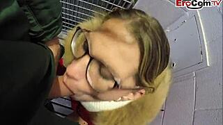 Bitter chocolate German MILF with glasses enjoys outer city meatstick