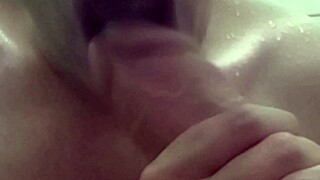 Athletic woman sucks huge cock