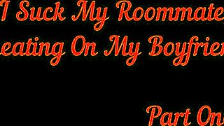 Young man and woman have fun having deep throat blow job in a room