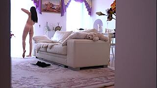 Watching my brunette ex girlfriend lazily lay naked on the sofa