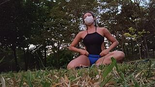 Brazilian latina gets excited while doing yoga