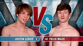 Felix and Justin compete naked in twink contest with big cocks