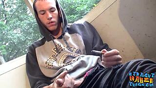 Naked Homosexual Thug Smokes Outdoors While Jacking Off His Big Cock