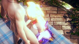 Ahri and syra in hentai threesome, creampie action with cum in anime style