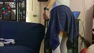 Hotwife Steffi dances pussy in plaid skirt.