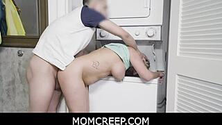 Skinny blonde stepmom Quinn Waters sucks young stepson’s cock while doing laundry