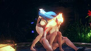 Ahri and syra in hentai threesome, creampie action with cum in anime style