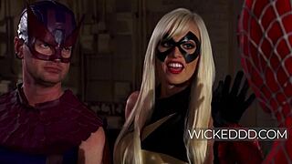 Superheroes pause fighting for intense sex in latex and maledom parody