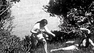 Summer vintage naturists flaunt hairy beaver and tits on beach