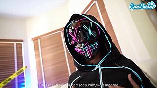 Watch Kelsi Monroe in purge mask masturbate with huge black dildo?