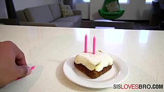 Young girl receives her stepbrother’s birthday gifts in the bedroom