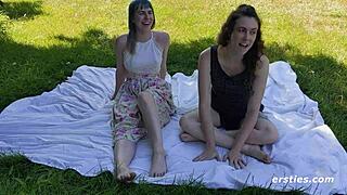 Peach and daisy boldly strap on outdoors, german european lesbians with natural small tits and tattoos exploring beaver fun