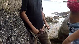 watch her grab the fisherman's rod outdoors?