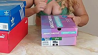 Unboxing and trying on sneakers heels and shoes for foot fetish fun